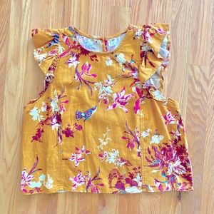 Linen Crop Tank, Floral Print with Bird, Flutter Sleeve,  szS